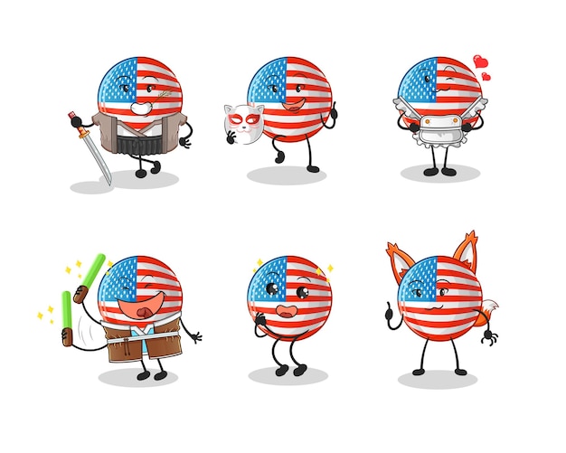 American flag japanese culture group character. mascot vector