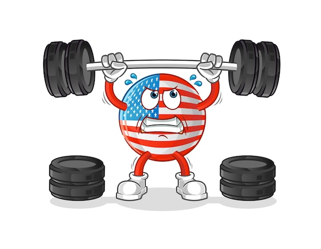 Vector american flag lifting the barbell character. cartoon mascot vector