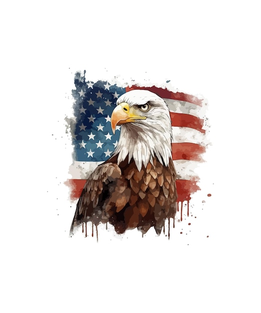 American flag painted bald eagle watercolor illustration