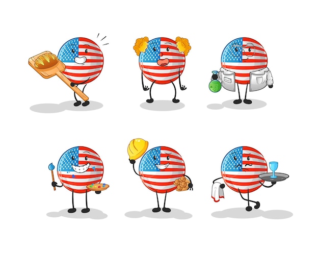 American flag profession set character. cartoon mascot vector