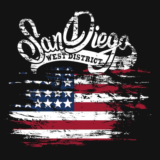Vector american flag and san diego text grunge print design
