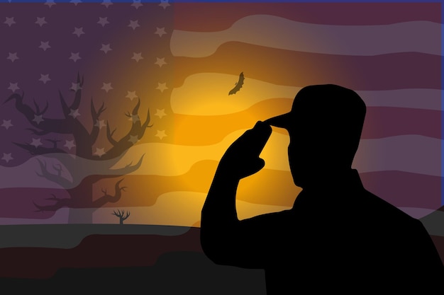 American flag and Silhouette of Soldier in sunset sunrise time. suitable for Veterans Day Salut