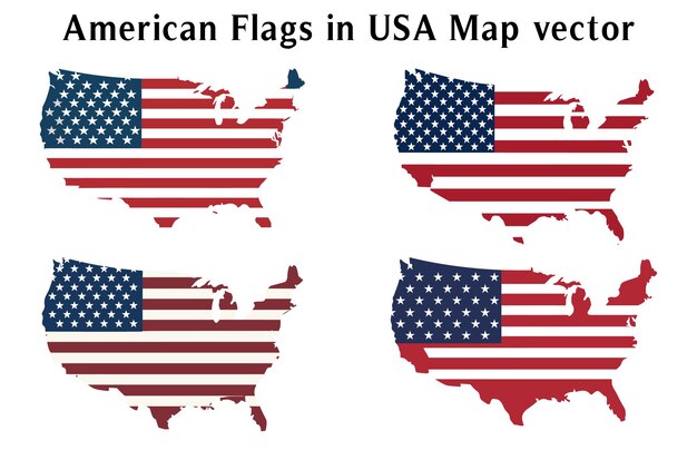 American Flag in USA Map vector illustration Bundle Set of Distressed American Flag in USA Map Vect