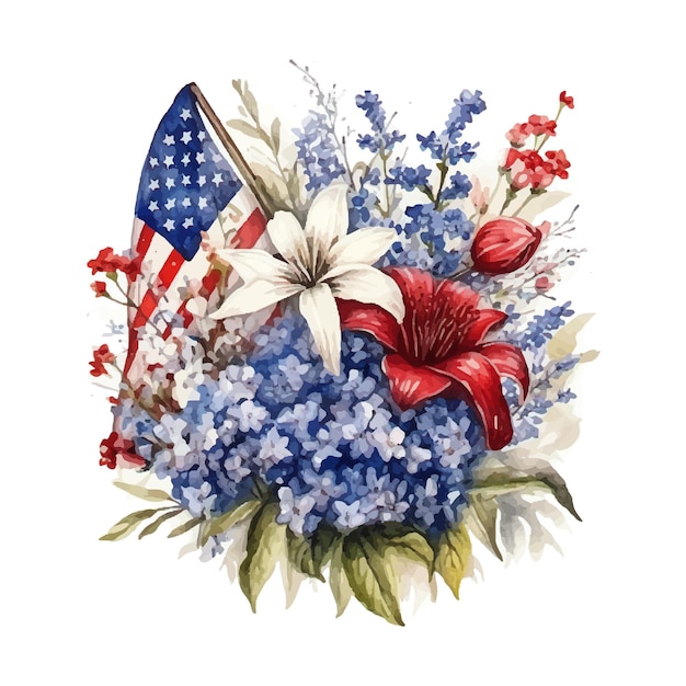 Vector american flag with flowers usa independence day 4th of july watercolor illustration