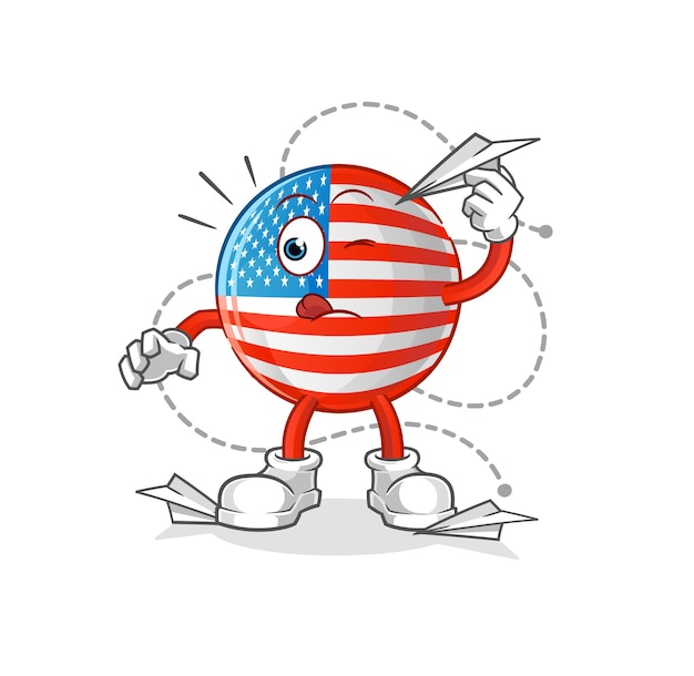 American flag with paper plane character. cartoon mascot vector