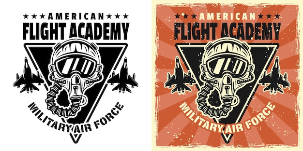 American flight academy vector emblem badge label logo or tshirt print with pilot helmet Two styles monochrome and vintage colored with removable grunge textures