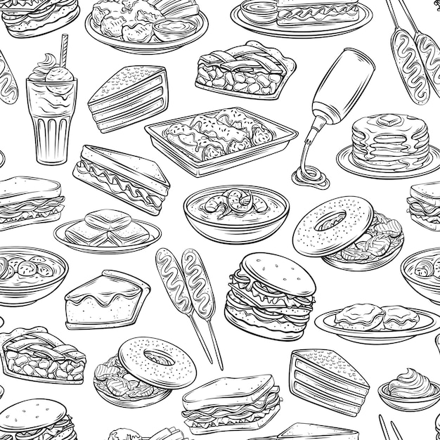 American food outline seamless pattern. background with drawn monochrome corn dog, clam chowder, biscuits and gravy, apple pie, blt. red velvet cake, grits, monte cristo, maple, spray cheese and ets