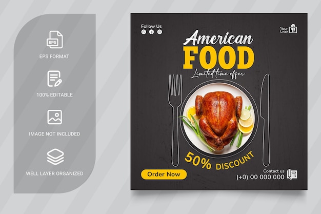 American Food 소셜 미디어 프로모션 및 instagram 배너 포스트 디자인 템플릿