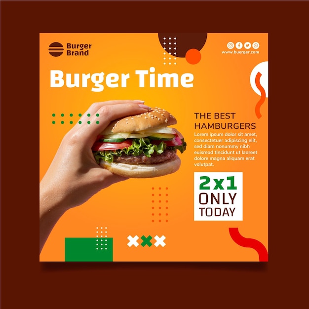 American food square flyer template with burger