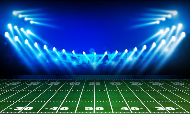 Vector american football arena field with bright stadium lights design vector illumination