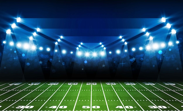 Vector american football arena field with bright stadium lights design vector illumination