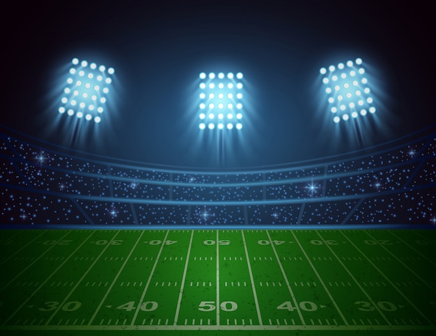 Vettore arena di football americano con design luminoso luci dello stadio. illustrazione vettoriale