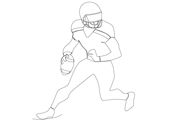 An American football athlete running with the ball in the field line art