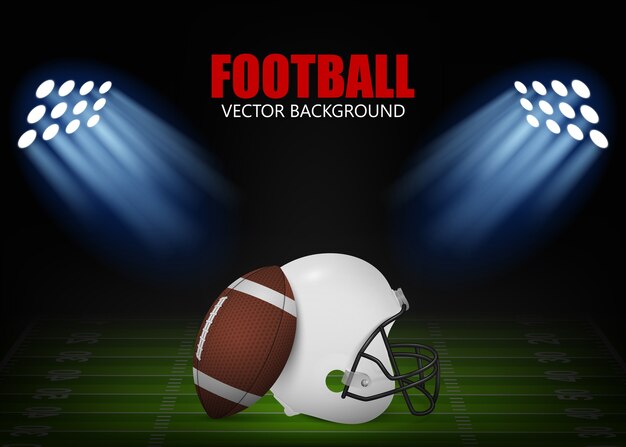 American football background - helmet and ball on the field,  illuminated by floodlights.