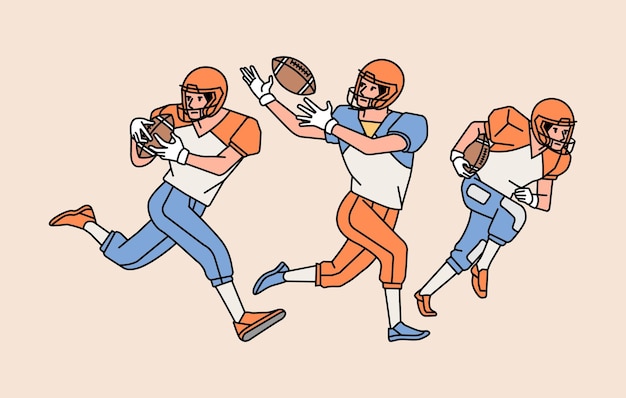 American football character players in action set line style illustration