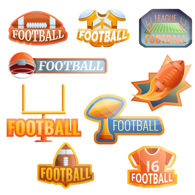 American football equipment logo set, cartoon style