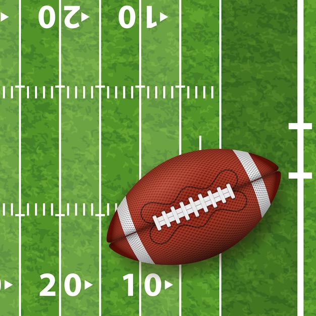 Campo di football americano con palla realistica, linea e struttura dell'erba. palla da rugby americano vista frontale.