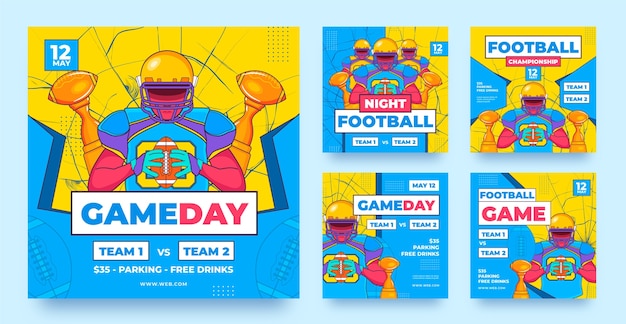 Vettore collezione di post ig disegnati a mano da football americano