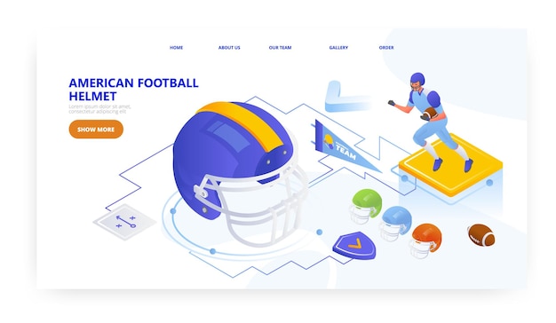 American football helm bestemmingspagina ontwerp website banner vector sjabloon Voetballer beschermende uitrusting