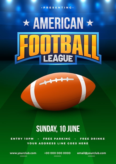 american football league poster, banner or flyer design, football ground as background.