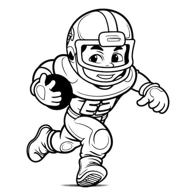 American Football Player Running Black and White Cartoon Illustration Vector