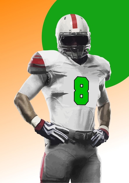 American football player standing with hands on hips on green and orange background