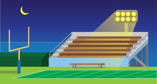 American football school, collage, amateur, stadium field in night flat illustration