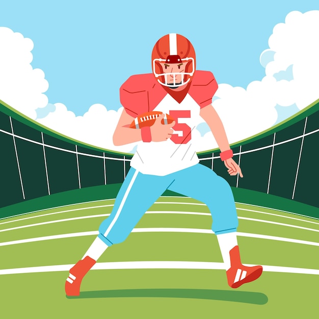 American football-speler die over het veld rent, houdt de bal vast