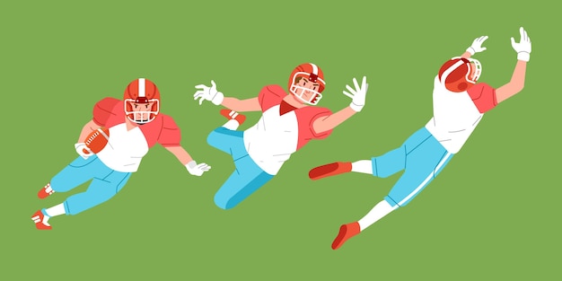 Vector american football sport player in action set carrying ball and jump