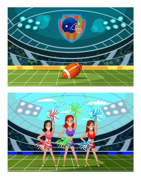 Vector american football toernooi illustraties set lachende meisjes cheerleaders in uniform ondersteunende sport team stripfiguren american football arena rugby kampioenschap competitieve game