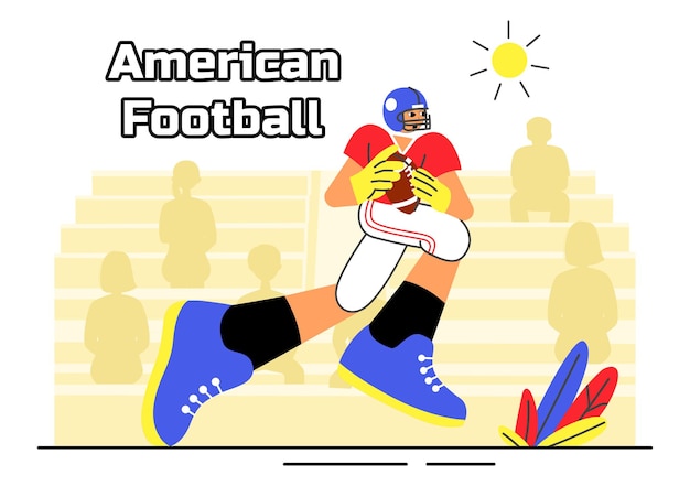 アメリカン・フットボールのベクトルイラストで,スタジアムの試合中にボールを握っているアスリートがフラットスタイルの漫画の背景に描かれています.