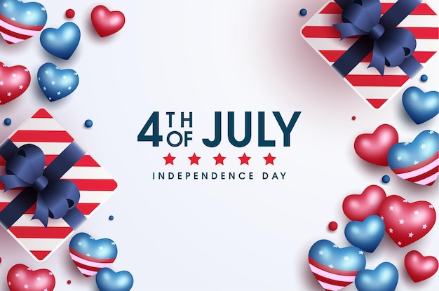 Carta del 4 luglio del giorno dell'indipendenza americana con scatole regalo e cuori