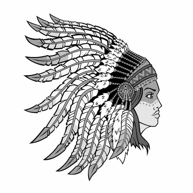 American indian girl in national headdress isolated on white