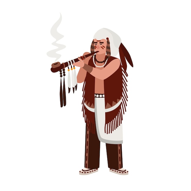 American Indian man met traditionele kleding roken ceremoniële pijp versierd met veren. Stamhoofd of clanhoofd. Inheemse volkeren van Amerika. Mannelijke stripfiguur. Platte vectorillustratie.