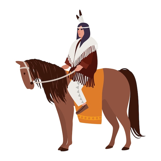 American indian man wearing ethnic clothes sitting on horse. horseman or horseback rider.