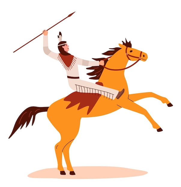 american indian man wearing ethnic clothes with spear in hand sitting on horse indigenous people of america horseman or horseback rider