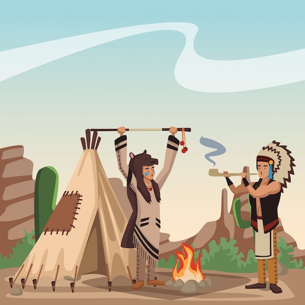 American indian tribe at village cartoon