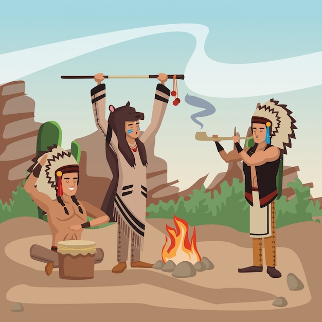 American indian tribe at village cartoon