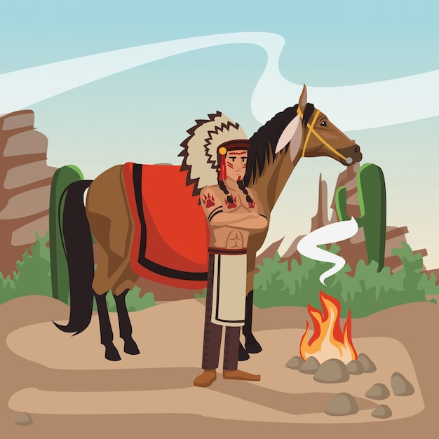 American indian warrior on horse at village