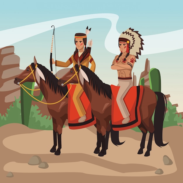 American indian warriors on horses at village cartoon