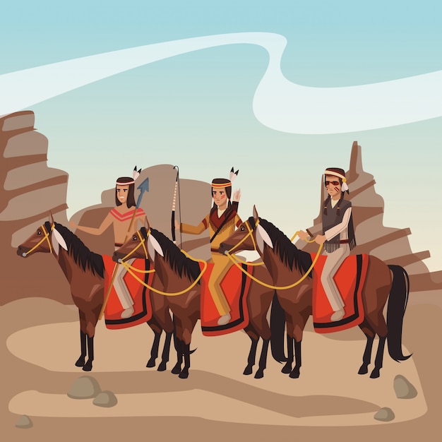 Вектор Американские индийские воины на лошадях в деревенском мультфильме