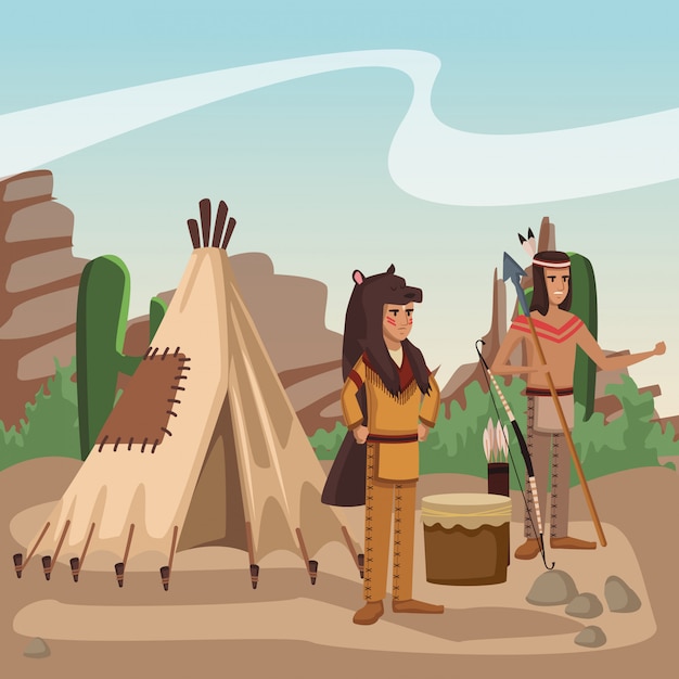 Vector american indian warriors at village