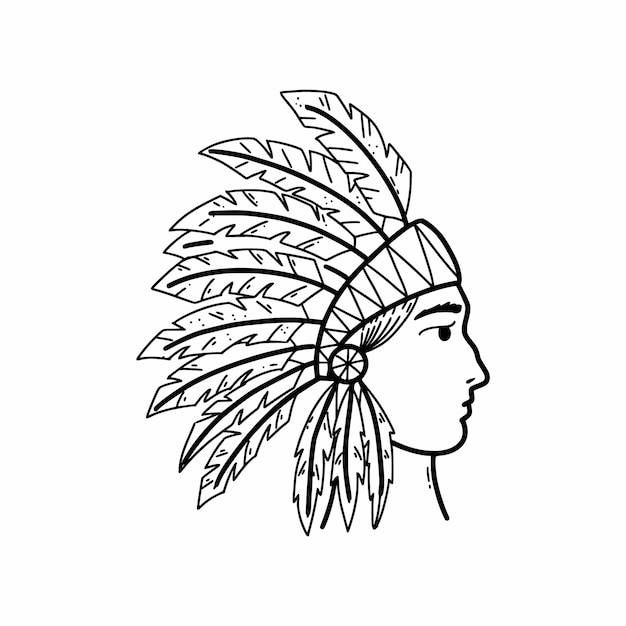 American Indian with feathers on his head Vector doodle illustration Icons