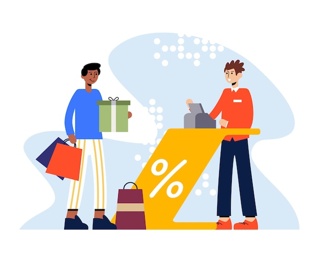 american male holding boxes and standing next to check out happy shopping