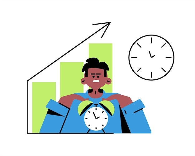 Uomo americano che tiene un grafico dell'orologio sullo sfondo con un concetto di gestione del tempo di successo i giovani pianificano il tempo quando svolgono attività diverse illustrazione piatta vettoriale in colori blu e verde