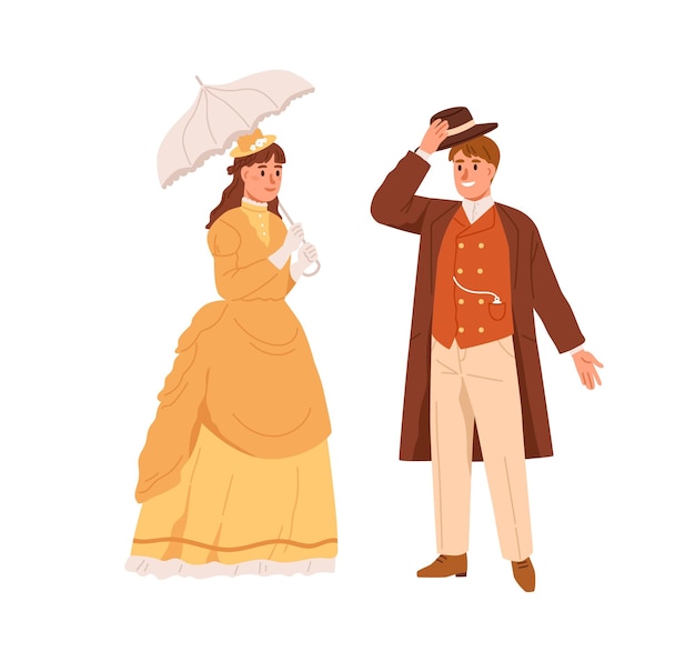 Vector american man and woman of 19th century. noble people in vintage clothes. gentleman with hat off greeting lady in petticoat dress with umbrella. flat vector illustration isolated on white background