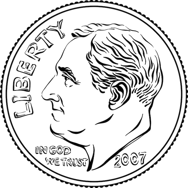 Vector american money roosevelt dime, united states one dime or 10-cent silver coin with president franklin d roosevelt on obverse. black and white image