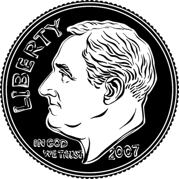 Vector american money roosevelt dime usa one dime or cent silver coin black and white image