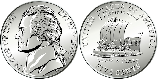 Американские деньги, пятицентовая монета США с изображением третьего президента США Томаса Джефферсона на аверсе и килевой лодки экспедиции Льюиса и Кларка на реверсе