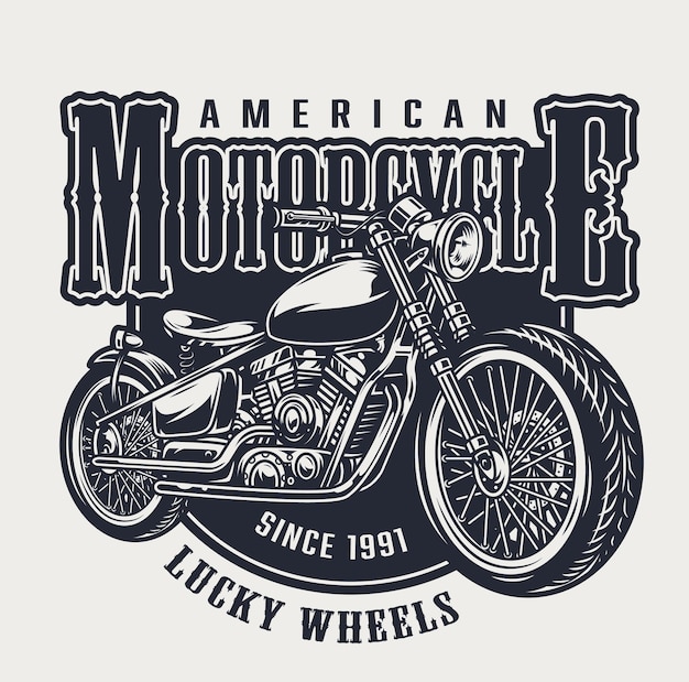 Emblema vintage della motocicletta americana con scritte e moto classica in stile monocromatico